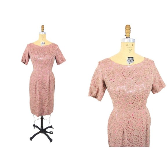 Vintage 50s Lace Cocktail Dress Tan Pink Soutache SheathW 26"